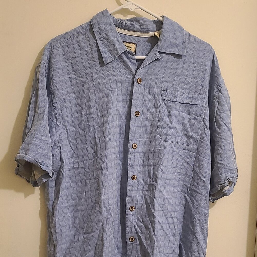 Jamaica Jaxx Shirt Men Large Blue Button Up Silk Short Sleeve Casual